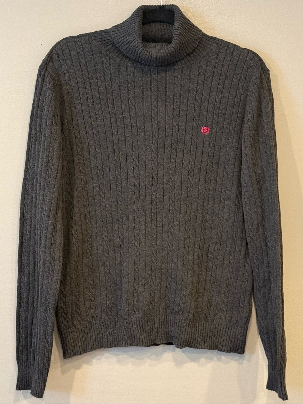 Vintage IZOD Cable Knit Turtleneck Sweater Charcoal Gray Pink Crest Logo Size XL